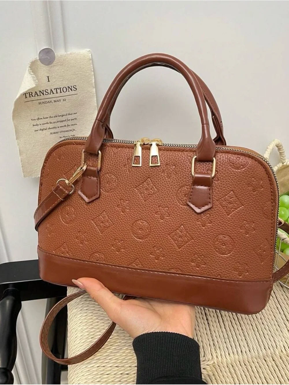 Brown Embossed Top-Handle Women's Medium Handbag Bag
